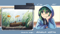 Rule 34 | 1other, androgynous, aquarium, birthday, black shirt, blue border, blue jacket, blush stickers, border, bubble, closed mouth, commentary, english commentary, english text, fish, goldfish, green eyes, green skirt, hair over shoulder, hand on own cheek, hand on own face, hood, hood up, hooded jacket, jacket, len&#039;en, letterboxed, log, long sleeves, medium hair, open clothes, open jacket, other focus, seaweed, shirt, shitodo aoji, skirt, smile, solo, turtleneck, upper body, white background, wide sleeves, yamanoskk