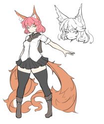 Rule 34 | 1girl, animal ears, arceonn, black thighhighs, boots, breasts, character sheet, collar, fox ears, fox tail, full body, hair ornament, hairclip, highres, md5 mismatch, multiple tails, multiple views, nia (arceonn), orange eyes, original, pigeon-toed, pink hair, scarf, short hair, skirt, small breasts, tail, thick thighs, thighhighs, thighs, yellow eyes, zettai ryouiki