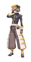 Rule 34 | 00s, androgynous, ar tonelico, ar tonelico iii, belt, frown, full body, gender request, gloves, gust, hair over one eye, hat, headphones, highres, male focus, midriff, nagi ryou, navel, official art, purple eyes, purple hair, reverse trap, solo, spoilers, standing, tatsumi (ar tonelico), transparent background, turtleneck