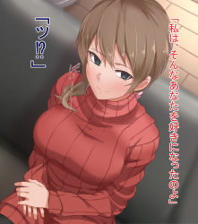 Rule 34 | 1girl, blush, breasts, brown hair, empty eyes, green eyes, hypnosis, large breasts, mind control, original, panpa, pantyhose, ponytail, red sweater, ribbed sweater, sitting, smile, solo, sweater, translation request, turtleneck, wooden floor