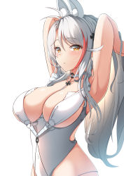Rule 34 | 1girl, absurdres, animal ear fluff, animal ears, antenna hair, armpits, arms behind head, arms up, azur lane, bare arms, bare shoulders, braid, breasts, brown eyes, cleavage, closed mouth, commentary request, cosplay, covered navel, fake animal ears, hair between eyes, hairband, heart, highres, large breasts, le malin (azur lane), le malin (listless lapin) (azur lane), le malin (listless lapin) (azur lane) (cosplay), leotard, long hair, looking at viewer, moyoron, multicolored hair, parted bangs, prinz eugen (azur lane), rabbit ears, red hair, silver hair, simple background, solo, streaked hair, very long hair, white background, white hairband, white leotard