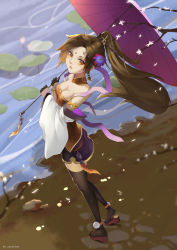 Rule 34 | 1girl, absurdres, alternate costume, alternate eye color, alternate hair color, alternate hairstyle, armlet, bare shoulders, black gloves, black thighhighs, blurry, bracelet, breasts, brown eyes, brown hair, cleavage, depth of field, detached sleeves, floral background, flower, from above, full body, geta, gloves, hair ornament, hair stick, hair tubes, half gloves, hibiscus, highres, holding, holding umbrella, hong meiling, jewelry, lily pad, long hair, long sleeves, looking at viewer, looking up, medium breasts, neck ring, original, parasol, parted lips, pom pom (clothes), pond, purple skirt, purple umbrella, red lips, rock, shore, skirt, smile, solo, standing, star (symbol), strapless, sunshine (1638509769), tabi, tassel, tattoo, teeth, thighhighs, touhou, umbrella, very long hair, wide sleeves, zettai ryouiki