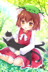 Rule 34 | 1girl, :d, animal, animal ear fluff, animal ears, black cat, blush, brown footwear, brown hair, cat, cat ears, cat tail, chen, chinese clothes, commentary request, day, dress, earrings, enjoy mix, fang, foot out of frame, frills, grass, green hat, hat, holding, holding animal, jewelry, long sleeves, looking at viewer, mob cap, multiple tails, neck ribbon, nekomata, on grass, open mouth, outdoors, red dress, ribbon, shirt, shoes, short hair, single earring, sitting, smile, solo, tail, touhou, tree, two tails, wariza, white ribbon, white shirt, yellow eyes