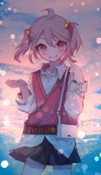 Rule 34 | 1girl, absurdres, asauo, bag, black skirt, blurry, blush, bokeh, cloud, collared shirt, depth of field, evening, grin, hair bobbles, hair ornament, highres, kantai collection, long sleeves, looking at viewer, nail polish, outdoors, pink eyes, pink hair, pink nails, pleated skirt, pointing, pointing at self, sazanami (kancolle), shirt, sidelocks, skirt, sky, smile, solo, sweater vest, twintails, white shirt