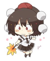 Rule 34 | 1girl, black hair, black neckwear, black skirt, black socks, blush stickers, chibi, closed mouth, collared shirt, commentary request, full body, hair between eyes, hat, highres, holding, kneehighs, leaf fan, mini hat, no shoes, outstretched arm, pleated skirt, puffy short sleeves, puffy sleeves, red eyes, red hat, shameimaru aya, shirt, short sleeves, simple background, skirt, socks, solo, sweat, totoharu (kujirai minato), touhou, v-shaped eyebrows, wavy mouth, white background, white shirt