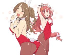 Rule 34 | 10s, 2girls, animal ears, armpits, arms up, ass, bad id, bad pixiv id, bare back, blush, breasts, brown hair, closed eyes, detached collar, double v, fake animal ears, flat chest, idolmaster, idolmaster cinderella girls, kantai collection, leotard, long hair, multiple girls, name connection, navel, nipple slip, nipples, oohara kyuutarou, open mouth, pantyhose, playboy bunny, rabbit ears, rabbit tail, red eyes, shimamura uzuki, simple background, small breasts, smile, tail, uzuki (kancolle), v, wardrobe malfunction, white background, wrist cuffs
