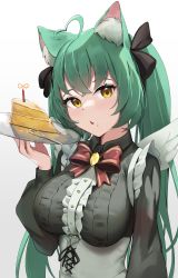 Rule 34 | 1girl, absurdres, ahoge, animal ear fluff, animal ears, black ribbon, bow, bowtie, breasts, cake, cat ears, cat girl, food, food on face, girl dm, girl dm (magical girl), gradient background, green hair, grey background, hair ribbon, highres, indie virtual youtuber, long hair, long sleeves, looking at viewer, medium breasts, red bow, red bowtie, ribbon, skai kun, solo, twintails, upper body, virtual youtuber, yellow eyes