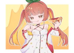 Rule 34 | blonde hair, blunt bangs, blush, bow, breasts, brown hair, choker, dress, food, food on face, food print, green bow, green nails, hair ornament, hairclip, highres, holding, holding food, holding pizza, indie utaite, indie virtual youtuber, jacket, licking lips, long hair, looking at viewer, multicolored hair, nail polish, nanahira, naughty face, ne bo6, open clothes, open jacket, pizza, red nails, simple background, sleeveless, sleeveless dress, small breasts, tongue, tongue out, twintails, white dress, yellow background, yellow eyes