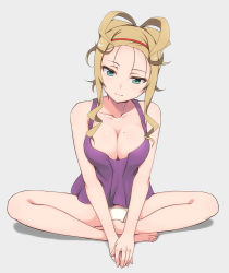 Rule 34 | 10s, 1girl, barefoot, blonde hair, blue eyes, breasts, cleavage, downblouse, hashi, head tilt, headband, indian style, large breasts, looking at viewer, mole, mole on breast, panties, purple shirt, shirogane no ishi argevollen, shirt, silfy appleton, sitting, solo, tank top, underwear, v arms, white panties