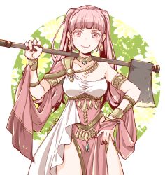 Rule 34 | 1girl, armlet, artist name, axe, breasts, closed mouth, dancer, dancer (fire emblem: three houses), dress, earrings, female focus, fire emblem, fire emblem: three houses, hilda valentine goneril, holding, holding axe, holding weapon, jewelry, kizuki miki, large breasts, long hair, matching hair/eyes, nail polish, nintendo, pink eyes, pink hair, single-shoulder dress, smile, solo, twintails, weapon