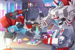 Rule 34 | 4boys, autobot, blue eyes, cup, energon, energon cube, highres, holding, holding cup, jetfire, lantana0 0, looking at viewer, looking down, mecha, multiple boys, no humans, open hands, perceptor (transformers), ratchet (transformers), robot, sitting, transformers, v-fin, waving, wheeljack