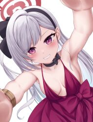 Rule 34 | 1girl, absurdres, black choker, black hairband, blue archive, blush, breasts, chien zero, choker, collarbone, commentary, dress, earrings, grey hair, grin, hairband, halo, highres, jewelry, long hair, looking at viewer, medium breasts, mutsuki (blue archive), mutsuki (dress) (blue archive), official alternate costume, pointy ears, purple dress, purple eyes, red halo, simple background, sleeveless, sleeveless dress, smile, solo, white background