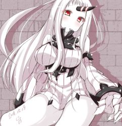 Rule 34 | 10s, 1girl, abyssal ship, breasts, claws, detached sleeves, dress, horns, jiino, kantai collection, large breasts, long hair, looking at viewer, pale skin, red eyes, ribbed dress, seaport princess, short dress, single horn, solo, white hair