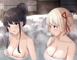 Rule 34 | 2girls, black hair, blonde hair, breasts, bucket, closed mouth, collarbone, commentary request, hair ribbon, highres, inoue takina, kannko bokujou, large breasts, looking at another, lycoris recoil, multiple girls, naked towel, nipples, nishikigi chisato, onsen, parted lips, partially submerged, purple eyes, red ribbon, ribbon, short hair, snow, steam, towel, upper body, water, wet, wooden bucket