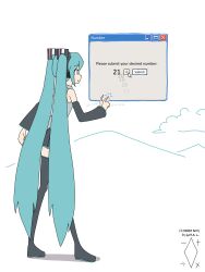Rule 34 | 1girl, absurdres, afterimage, aqua eyes, aqua hair, artist logo, bare shoulders, black skirt, black sleeves, black thighhighs, cloud, commentary, cursor, detached sleeves, digiral, english commentary, english text, facing away, from behind, full body, grey shirt, hair ornament, hatsune miku, headphones, highres, hill, long hair, miniskirt, pleated skirt, shirt, simple background, skirt, sleeveless, sleeveless shirt, smile, solo, tapping finger, thighhighs, twintails, very long hair, vocaloid, white background, window (computing)