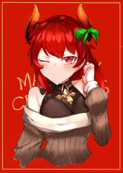 Rule 34 | 1girl, absurdres, text background, bare shoulders, bell, black shirt, blush, bow, breasts, brown sweater, choumi wuti (xueye fanmang zhong), closed mouth, commentary request, cropped torso, demon horns, dola (nijisanji), green bow, hand up, highres, horn bow, horn ornament, horns, large breasts, long hair, long sleeves, merry christmas, nijisanji, off-shoulder sweater, off shoulder, one eye closed, puffy long sleeves, puffy sleeves, red background, red eyes, red hair, ribbed sweater, shirt, sleeveless, sleeveless shirt, solo, sweater, upper body, v-shaped eyebrows, virtual youtuber