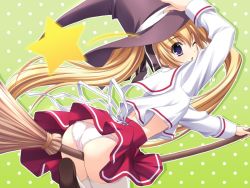 Rule 34 | 1girl, ass, ass focus, bent over, black headwear, blonde hair, blue eyes, blush, broom, broom riding, brown footwear, from behind, fujimiya chisa, gift (game), gift eternal rainbow, green background, hat, holding, holding broom, long sleeves, looking at viewer, looking back, miniskirt, mitha, one eye closed, open mouth, panties, polka dot, polka dot background, red skirt, school uniform, shirt, shoes, skirt, source request, star (symbol), thighhighs, twintails, underskirt, underwear, white panties, white shirt, white thighhighs, witch, witch hat