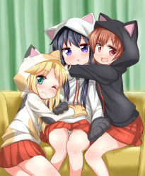 Rule 34 | 3girls, ;3, ;d, animal ears, animal hands, animal hood, black gloves, black hair, black hoodie, blonde hair, blush, brown gloves, brown hair, cat ears, cat hood, closed mouth, commentary request, couch, curtains, fake animal ears, gloves, green eyes, himesaka noa, hood, hood up, hoodie, hoshino hinata, inyucchi, long hair, looking at viewer, multiple girls, on couch, one eye closed, open mouth, panties, parted lips, paw gloves, pleated skirt, purple eyes, red eyes, red skirt, shirosaki hana, skirt, smile, underwear, watashi ni tenshi ga maiorita!, white gloves, white hoodie, white panties