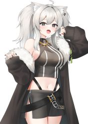Rule 34 | 1girl, absurdres, ahoge, animal ear fluff, animal ears, black shirt, black skirt, blush, brown jacket, cleavage, cowboy shot, ear piercing, fur-trimmed jacket, fur trim, grey eyes, highres, hololive, jacket, lion ears, long hair, looking at viewer, midriff, navel, neko lu (wofud453), open clothes, open jacket, open mouth, piercing, see-through, see-through cleavage, shirt, shishiro botan, shishiro botan (1st costume), silver hair, simple background, skirt, sleeveless, sleeveless shirt, solo, standing, twintails, virtual youtuber, white background
