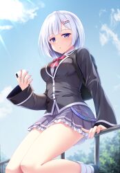 Rule 34 | 1girl, arm support, backpack, bag, black footwear, black jacket, blue eyes, blue sky, bow, breasts, cellphone, cloud, collared shirt, commission, day, frilled skirt, frills, grey hair, grey skirt, hair ornament, highres, holding, holding phone, jacket, long sleeves, looking at viewer, medium breasts, miniskirt, nail polish, naoki (endofcentury102), on railing, original, outdoors, parted lips, phone, pink nails, pleated skirt, railing, red bow, shirt, shoes, sitting, skeb commission, skirt, sky, sleeves past wrists, socks, solo, white shirt, white socks, wide sleeves