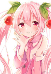 Rule 34 | 1girl, bare shoulders, cherry hair ornament, collared shirt, detached sleeves, food-themed hair ornament, grin, hair ornament, hatsune miku, highres, necktie, open hand, pink hair, pink necktie, pink shirt, pink sleeves, sakura miku, shirt, signature, simple background, sleeveless, sleeveless shirt, smile, solo, twintails, utako (kuromosuki), vocaloid, white background