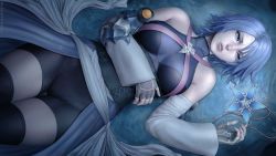 Rule 34 | 1girl, aqua (kingdom hearts), arm across waist, black thighhighs, blue eyes, blue hair, grabbing another&#039;s breast, cameltoe, detached sleeves, fingerless gloves, gloves, gluteal fold, grabbing, jewelry, kingdom hearts, kingdom hearts birth by sleep, lying, on back, pendant, ripples, sash, sciamano240, short hair, short shorts, shorts, solo, strap, swimsuit, thigh gap, thighhighs, water
