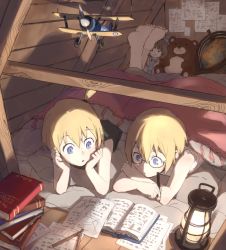 Rule 34 | 2girls, :o, aircraft, airplane, barefoot, bed, blanket, blonde hair, blue eyes, book, crossed arms, doll, erica hartmann, feet, glasses, globe, hands on own face, holding, indoors, kawahara fantasia, lantern, lying, multiple girls, on stomach, open mouth, pajamas, paper, pencil, short hair, siblings, sisters, strike witches, strike witches: suomus misfits squadron, stuffed animal, stuffed toy, teddy bear, twins, ursula hartmann, world witches series
