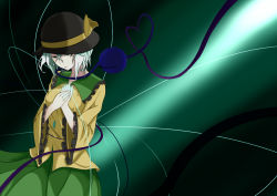 Rule 34 | 1girl, bad id, bad pixiv id, cowboy shot, green eyes, half-closed eyes, hands on own chest, hat, hat ribbon, heart, heart of string, komeiji koishi, light, milaria, own hands together, ribbon, shirt, short hair, skirt, solo, string, third eye, touhou, white hair, wide sleeves