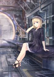 Rule 34 | 1girl, adjusting hair, alc (ex2 lv), bad id, bad pixiv id, blonde hair, blue eyes, chromatic aberration, coat, hat, high heels, highres, long hair, looking at viewer, open mouth, original, sandals, sitting, solo