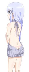 Rule 34 | 1girl, back, backless outfit, bare arms, bare back, bare shoulders, blue eyes, blue hair, butt crack, closed mouth, commentary request, cowboy shot, drawstring, dress, from behind, gochuumon wa usagi desu ka?, grey sweater, hair ornament, hairclip, halterneck, highres, kafuu chino, kneepits, light blue hair, long hair, looking at viewer, looking back, meme attire, naked sweater, ribbed sweater, sidelocks, simple background, sincos, sleeveless, sleeveless turtleneck, solo, standing, sweater, sweater dress, turtleneck, turtleneck sweater, virgin killer sweater, white background, x hair ornament