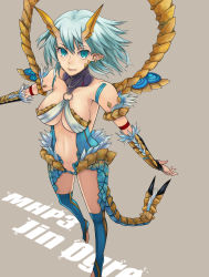 Rule 34 | 1girl, ashita (2010), bad id, bad pixiv id, blue eyes, blue hair, breasts, capcom, earrings, english text, engrish text, fur, highres, horns, jewelry, large breasts, matching hair/eyes, monster girl, monster hunter (series), monster hunter portable 3rd, personification, ranguage, short hair, solo, tail, thighhighs, zinogre