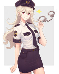 Rule 34 | 1girl, absurdres, alternate costume, belt, belt buckle, black belt, black hat, black necktie, black skirt, buckle, closed mouth, collared shirt, commentary, corrin (female) (fire emblem), corrin (fire emblem), cuffs, english commentary, fire emblem, fire emblem fates, grey hair, hair between eyes, handcuffs, hat, highres, holding, holding handcuffs, long hair, looking at viewer, necktie, nintendo, pocket, pointy ears, police, police hat, police uniform, policewoman, red eyes, shirt, short sleeves, simple background, skirt, smile, solo, truejekart, uniform, white shirt