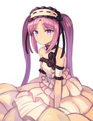 Rule 34 | 1girl, absurdres, bare shoulders, choker, commentary, dress, euryale (fate), fate/grand order, fate (series), female focus, hairband, highres, lolita hairband, long hair, looking at viewer, purple eyes, purple hair, simple background, smile, solo, sookmo, strapless, strapless dress, twintails, white background, white dress