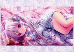 Rule 34 | 10s, 1girl, absurdres, couch, dress, gotou jun, grey ribbon, hair ribbon, highres, huge filesize, long hair, looking at viewer, lying, on side, panties, parted lips, purple eyes, ribbon, silver hair, solo, tenshi no 3p!, tenshi no three piece!, tinker bell (pixiv 10956015), twintails, underwear, very long hair, white dress, white panties