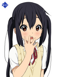 Rule 34 | 1girl, black hair, blush, brown eyes, flat chest, highres, k-on!, long hair, md5 mismatch, nakano azusa, neck ribbon, open mouth, red ribbon, resolution mismatch, ribbon, round teeth, ryunnu, school uniform, solo, source smaller, sweater, sweater vest, teeth, twintails