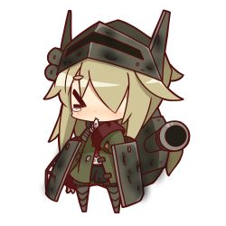 Rule 34 | &gt; &lt;, 1girl, blonde hair, blush, cannon, chibi, coat, crying, finger to mouth, hair over one eye, helmet, long hair, nuu (nu-nyu), personification, simple background, solo, t26e4 superpershing, torn clothes, white background, world of tanks