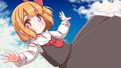 Rule 34 | 1girl, ascot, black vest, blonde hair, blue sky, blush, cloud, day, hair ribbon, highres, long sleeves, looking at viewer, neck bobbles, outdoors, outstretched arms, red eyes, ribbon, roco (katsuya1011), rumia, shirt, short hair, skirt, sky, smile, solo, touhou, vest, white shirt