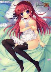 Rule 34 | 1girl, absurdres, ahoge, alia&#039;s carnival!, apron, apron pull, bed, bed sheet, black socks, black thighhighs, blush, breasts, brooch, clothes pull, cum, cum on body, frilled pillow, frills, from above, gem, hair ornament, hairclip, hairpin, highres, jewelry, kneehighs, large breasts, long hair, looking at viewer, lying, mitha, naked apron, nipples, on back, on bed, ousaka asuha, perky breasts, pillow, pink hair, puffy nipples, purple eyes, purple gemstone, sheet grab, smile, socks, solo, suggestive fluid, thighhighs, thighhighs pull, tiara, unworn legwear, x hair ornament