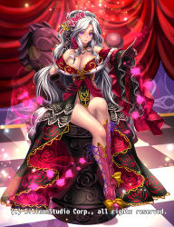 Rule 34 | 1girl, bow, breasts, chess piece, cleavage, company name, curly hair, curtains, flower, full body, fur trim, gloves, gyakushuu no fantasica, hair flower, hair ornament, highres, huge breasts, long hair, official art, ponytail, purple eyes, rose, ryuki@maguro-ex, sitting, solo, veins, veiny breasts, white hair
