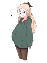 Rule 34 | 1girl, amogan, assam (girls und panzer), black pants, black ribbon, blonde hair, blue eyes, closed mouth, commentary, cowboy shot, drawstring, girls und panzer, green hoodie, hair pulled back, hair ribbon, hand in pocket, highres, hood, hood down, hoodie, long hair, long sleeves, looking at viewer, pants, ribbon, simple background, smile, solo, standing, white background