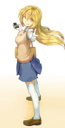 Rule 34 | + +, 1girl, ;q, absurdres, blonde hair, controller, elbow gloves, full body, gloves, gradient background, highres, loafers, long hair, looking at viewer, one eye closed, pleated skirt, pointing, pointing at viewer, puhpuhu, remote control, school uniform, shoes, shokuhou misaki, short sleeves, skirt, solo, sweater vest, symbol-shaped pupils, thighhighs, toaru kagaku no railgun, toaru majutsu no index, tongue, tongue out, white gloves, white thighhighs, yellow eyes, zettai ryouiki