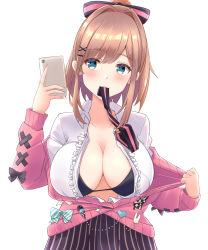 Rule 34 | 1girl, black bow, black bra, black necktie, black skirt, blue bow, blue eyes, blush, bow, bra, breasts, brown hair, cardigan, cellphone, center frills, cleavage, collarbone, collared shirt, frilled shirt, frills, hair bow, heckler kai, highres, holding, holding phone, large breasts, long hair, long sleeves, looking at viewer, mouth hold, necktie, necktie in mouth, nijisanji, open cardigan, open clothes, phone, pink cardigan, ponytail, shirt, simple background, skirt, smartphone, solo, striped clothes, striped skirt, suzuhara lulu, swept bangs, taking picture, teeth, underwear, upper teeth only, vertical-striped clothes, vertical-striped skirt, virtual youtuber, white background