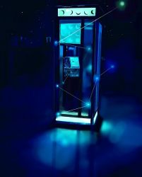 Rule 34 | blue theme, commentary request, constellation print, crescent, moon phases, night, night sky, no humans, original, outdoors, payphone, phone, phone booth, sky, star (sky), starry sky, still life, yasuta kaii32i