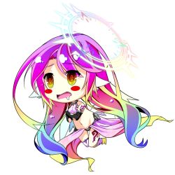 Rule 34 | 1girl, angel wings, asymmetrical legwear, blush stickers, breasts, chibi, spiked halo, crop top, drooling, feathered wings, gloves, gradient eyes, gradient hair, halo, highres, jibril (no game no life), large breasts, long hair, low wings, magic circle, midriff, mimi0846, mismatched legwear, multicolored eyes, multicolored hair, navel, no game no life, orange eyes, pink hair, solo, tattoo, very long hair, white wings, wing ears, wings, yellow eyes