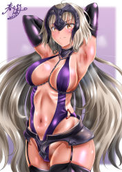 Rule 34 | &gt;:(, 1girl, alternate costume, armpits, arms behind head, belt, between breasts, blonde hair, breasts, chain, cleavage, closed mouth, collar, cowboy shot, dated, elbow gloves, fate/apocrypha, fate (series), frown, garter belt, gloves, headpiece, jeanne d&#039;arc (fate), jeanne d&#039;arc alter (avenger) (fate), jeanne d&#039;arc alter (fate), kasugano tobari, large breasts, long hair, looking at viewer, navel, one-piece swimsuit, purple background, purple gloves, purple one-piece swimsuit, purple thighhighs, ribs, signature, slingshot swimsuit, solo, standing, steam, stomach, straight hair, sweat, swimsuit, tan, tanline, thighhighs, v-shaped eyebrows, very long hair
