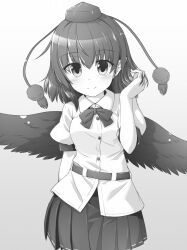 Rule 34 | 1girl, bow, bowtie, breasts, buttons, closed mouth, collared shirt, commentary request, cowboy shot, dress shirt, feathered wings, gradient background, grey background, greyscale, hand in own hair, hat, highres, looking at viewer, marukyuu ameya, medium breasts, medium hair, monochrome, pleated skirt, pointy ears, pom pom (clothes), puffy short sleeves, puffy sleeves, shameimaru aya, shirt, shirt belt, short sleeves, simple background, skirt, smile, solo, tassel, tokin hat, touhou, white background, wings