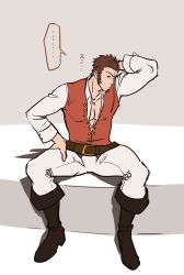 Rule 34 | 1boy, absurdres, beard, belt, boots, brown hair, collar, facial hair, fate/grand order, fate (series), full body, goatee, highres, long sideburns, long sleeves, pectoral cleavage, male focus, mochi (boc), muscular, napoleon bonaparte (fate), open clothes, open shirt, pants, pectorals, sideburns, solo, thighs, tight clothes, unbuttoned, white pants