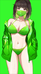 Rule 34 | 1girl, bikini, black hair, breasts, collarbone, colored inner hair, earrings, face mask, green background, green bikini, green hair, green jacket, hands in pockets, highres, jacket, jewelry, large breasts, looking at viewer, mask, miru (ormille), mole, mole on breast, mole on thigh, mole under eye, mouth mask, multicolored hair, navel, original, ormille, short hair, simple background, solo, stomach, swimsuit