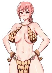 Rule 34 | 1girl, armor, armpits, bare legs, bare shoulders, bikini armor, braid, braided ponytail, breasts, cleavage, gladiator, hands on own hips, highres, large breasts, long hair, navel, no panties, one piece, pelvic curtain, ponytail, quanero, rebecca (one piece), red eyes, revealing clothes, shiny skin, sideboob, single braid, solo, standing, wide hips