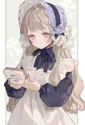 Rule 34 | 1girl, absurdres, apron, black bow, black bowtie, black dress, blue eyes, blush, bonnet, border, bow, bowtie, commentary, dress, floral background, frilled apron, frills, grey background, high collar, highres, holding, kyuumura, light brown hair, light smile, long hair, long sleeves, looking down, music box, original, simple background, symbol-only commentary, upper body, white apron